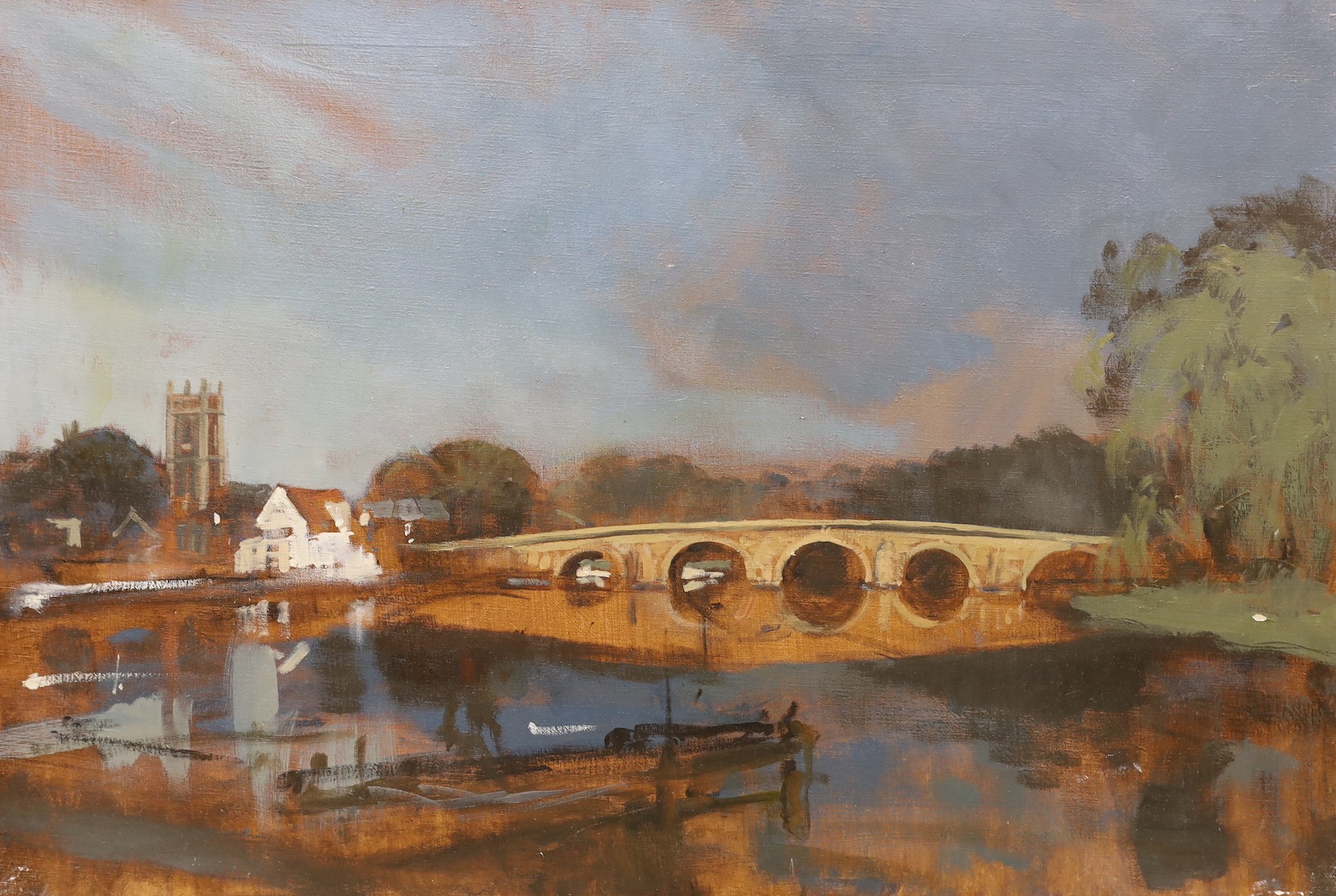 Modern British, oil on canvas, River landscape with church and stone bridge, 50 x 76cm, unframed